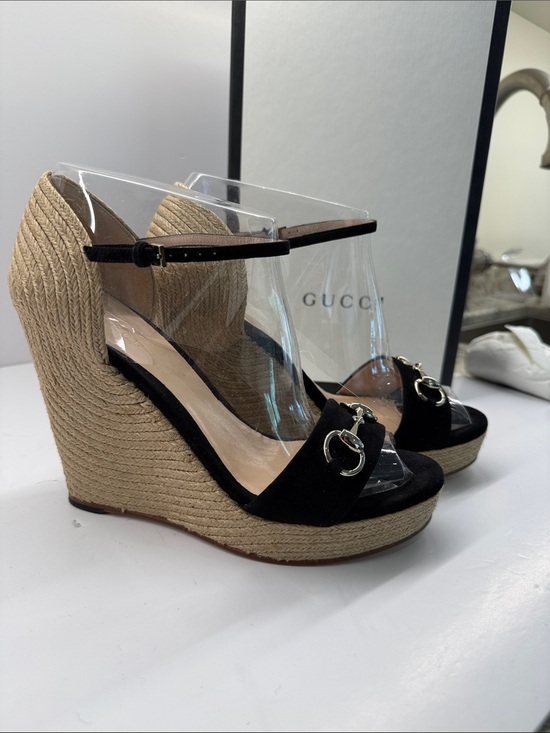 Gucci Shoes - Gucci Black Suede Espadrille Wedge Sandals with Gold Horsebit